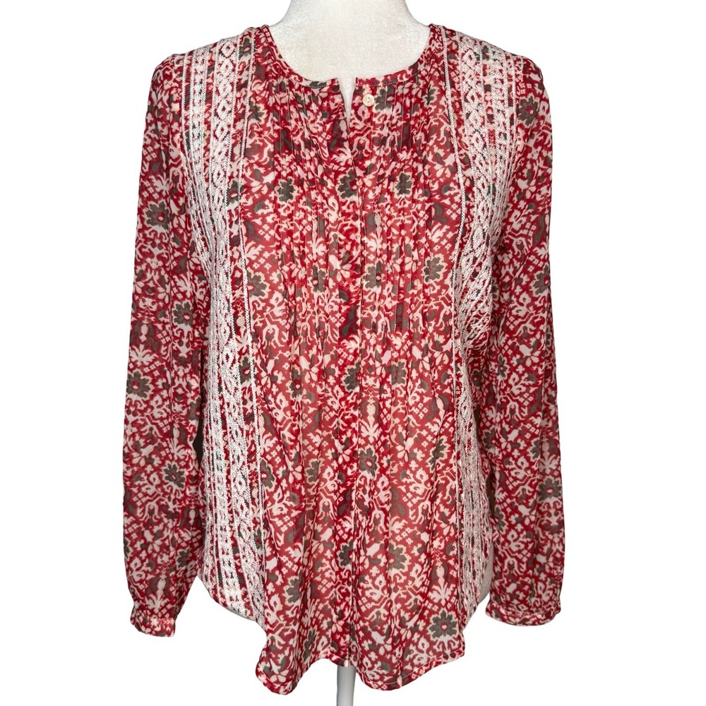 Lucky Brand XS Embroidered Chiffon Pintuck Peasant Blouse Red White Floral Boho